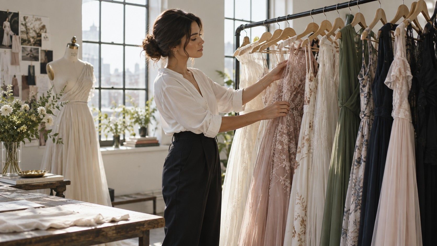 Woman comparing dress silhouettes in a fitting room