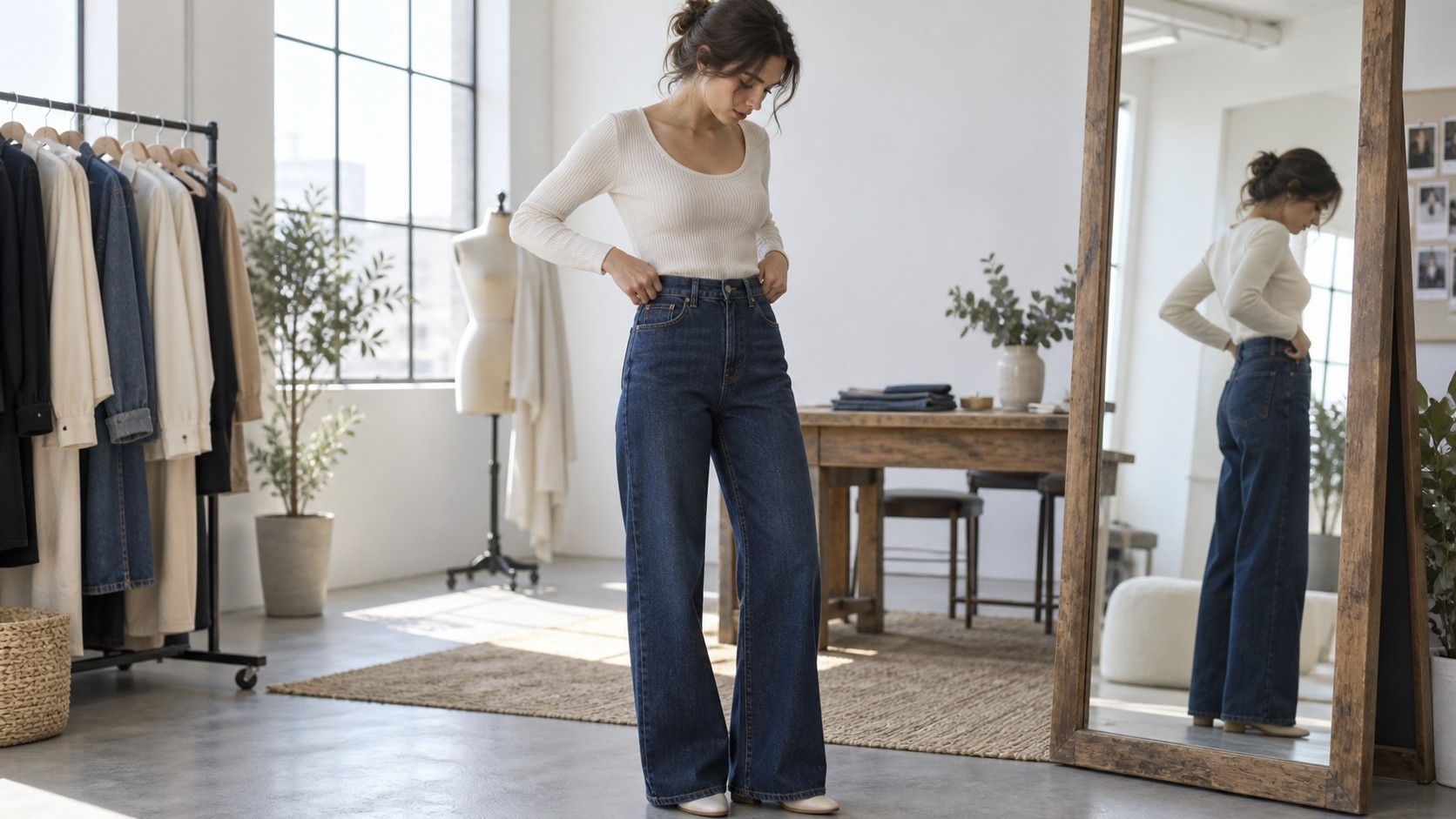 Woman trying on different jeans fits