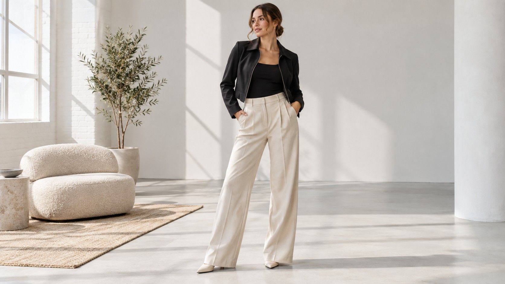 Woman styling a long torso and short legs outfit